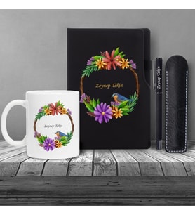 Kişiye Özel UV Baskılı Kuş Desenli Siyah Defter Roller Kalem Kupa Seti