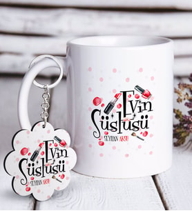 BK Gift Kişiye Özel Evin Süslüsü Beyaz Kupa ve Anahtarlık Hediye Seti-4 (Model 1)