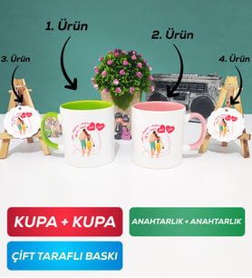 İkili Yeşil Pembe Sevgiliye Sevgililer Günü Hediyesi 1 Kupa Bardak Anahtarlık