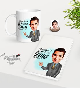 BK Gift Kişiye Özel Erkek Kolay Yetişmiyor Karikatürlü Beyaz Defter ve Kupa Hediye Seti-2 (Model 1)