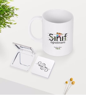BK Gift Kişiye Özel Sınıf Öğretmeni Beyaz Kupa Ayna Seti-17 (Model 1)