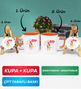 İkili Turuncu Sevgiliye Sevgililer Günü Hediyesi 1 Kupa Bardak Anahtarlık