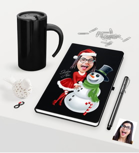 BK Gift Kişiye Özel Yılbaşı Bayan Karikatürlü Siyah Defter Kalem Termos Mug Seti - 3