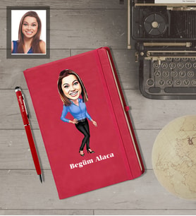 Kişiye Özel Öğretmen Karikatürlü  Kırmızı Defter Kalem Hediye Seti Bayan-11