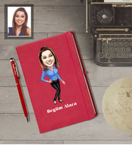 Kişiye Özel Öğretmen Karikatürlü  Kırmızı Defter Kalem Hediye Seti Bayan-11