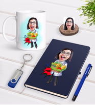 BK Gift Kişiye Özel Kadın Diyetisyen Karikatürlü Lacivert Defter Kalem Kupa 32gb USB Bellek Hediye Seti-1 (Model 1)