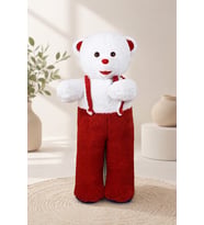 Elinde Çiçek Tutan Tulumlu Pelüş Panda 110 cm (Beyaz - Kırmızı)