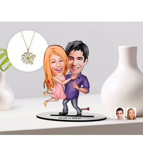 BK Gift Kişiye Özel Sevgililer Karikatürlü 3D Ahşap Biblo ve Çift İsimli Papatya Kolye Seti-3 (Model 1)