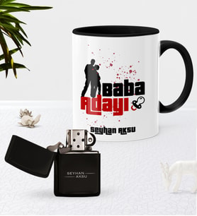 BK Gift Kişiye Özel Baba Adayı Siyah Kupa Bardak Benzinli Metal Çakmak Seti-1 (Model 1)