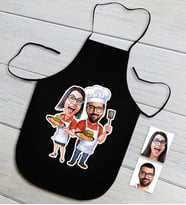 BK Gift Kişiye Özel Aşçı Çift Karikatürlü Siyah Mutfak Önlüğü-1