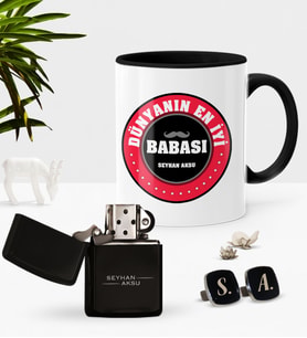BK Gift Kişiye Özel Dünyanın En İyi Babası Siyah Kupa Çakmak Kol Düğmesi Seti-7 (Model 1)