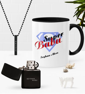 BK Gift Kişiye Özel Süper Baba Siyah Kupa Benzinli Çakmak Kolye Seti-5 (Model 1)