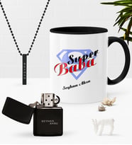 BK Gift Kişiye Özel Süper Baba Siyah Kupa Benzinli Çakmak Kolye Seti-5 (Model 1)