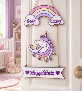 İsme Özel Unicorn Kız Bebek Ahşap Kapı Süsü