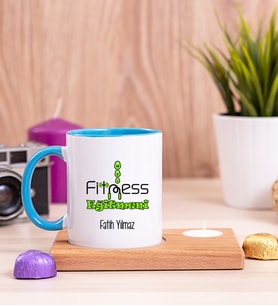 Fitness Eğitmeni Ahşap Altlıklı Mumlu Mavi Kupa Bardak