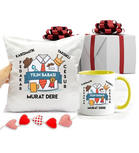 Babaya Hediye Özel İsimli Yastık ve Sarı Kupa Bardak (Beyaz)