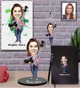 Kişiye Özel Fotoğrafçı Karikatürlü 5 li Hediye Seti Bayan-3