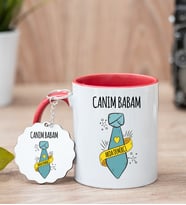Babalar Günü Hediyesi Kırmızı Kupa Ve Anahtarlık Set