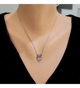 925 Ayar Gümüş Fiyonklu Kalp Kolye, Beyaz - Beyaz Taş