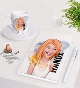 BK Gift Kişiye Özel Bayan Karikatürlü Beyaz Defter Kalem Türk Kahvesi Fincanı Seti-37 (Model 1)