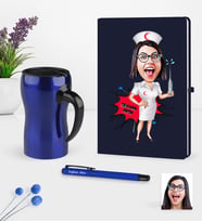 BK Gift Kişiye Özel Hemşire Karikatürlü Lacivert Defter Kalem Termos Mug Seti - 1 (Model 1)