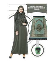 Tek Parça Namaz Elbisesi - Haki - 5015 & Seccade & Zikirmatik - Üçlü Takım