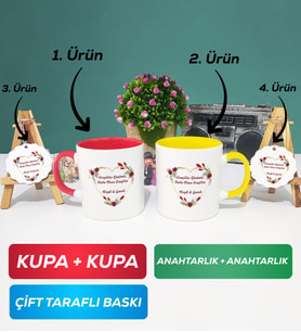 İkili Kırmızı Sarı Sevgiliye Sevgililer Günü Hediyesi 13 Kupa Bardak Anahtarlık