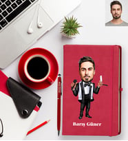 Kişiye Özel Berber Karikatürlü Kırmızı Defter Kalem Hediye Seti Bay-2