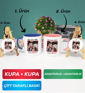 İkili Lacivert Pembe Sevgiliye Sevgililer Günü Hediyesi 9 Kupa Bardak Anahtarlık