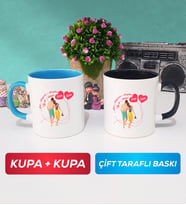 İkili Sevgiliye Sevgililer Günü Hediyesi 1 Kupa Bardak Mavi Siyah