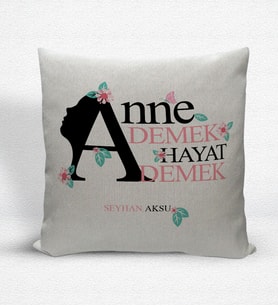 BK Gift Kişiye Özel Anne Demek Hayat Demek Dekoratif Keten Yastık (Bej)