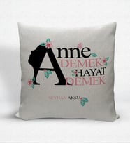 BK Gift Kişiye Özel Anne Demek Hayat Demek Dekoratif Keten Yastık (Bej)