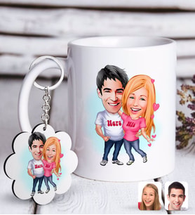 BK Gift Kişiye Özel Sevgililer Karikatürlü Beyaz Kupa ve Anahtarlık Hediye Seti-5 (Model 1)