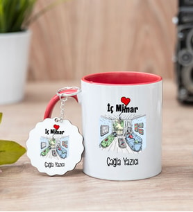 İç Mimar Kırmızı Kupa Bardak Ve Anahtarlık Set