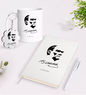 BK Gift Kişiye Özel Atatürk Temalı Kupa Anahtarlık Beyaz Defter Kalem Hediye Seti-24 (Model 1)