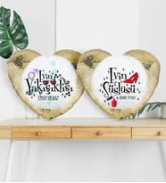 BK Gift Kişiye Özel İkili Evin Yakışıklısı Ve Süslüsü Altın Yaldız Sihirli Kalp Yastık  2