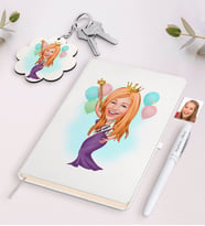 BK Gift Kişiye Özel Dünya Güzeli Karikatürlü Beyaz Defter Kalem ve Anahtarlık Hediye Seti (Model 1)