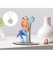 BK Gift Kişiye Özel Kadın Diş Hekimi Karikatürlü 3D Ahşap Biblo ve İsimli Tarihli Papatya Kolye Seti-2 (Model 1)