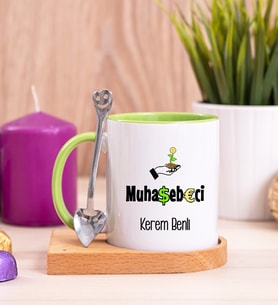 Muhasebeci Ahşap Altlıklı Yeşil Kupa Bardak