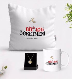 BK Gift Kişiye Özel Biyoloji Öğretmeni Beyaz Kupa Yastık ve İsimli Papatya Kolye Hediye Seti (Model 1)