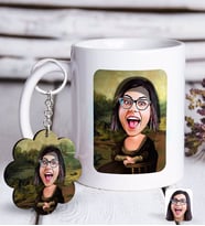 BK Gift Kişiye Özel Mona Lisa Karikatürlü Beyaz Kupa ve Anahtarlık Hediye Seti-1 (Model 1)
