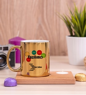 Yazılımcı Ahşap Altlıklı Mumlu Gold Kupa Bardak