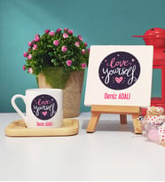 Love Yourself Tasarımlı Kişiye Özel Hediye Ahşap Altlıklı Türk Kahvesi Fincanı ve Dekoratif Taş Baskı