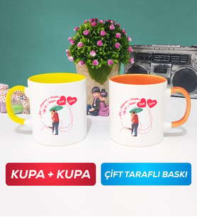 İkili Sevgiliye Sevgililer Günü Hediyesi 3 Kupa Bardak Sarı Turuncu