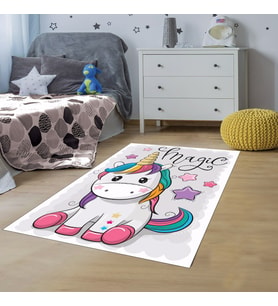 Unicorn At Desenli Halı Dijital Baskı Yıkanabilir Kaymaz Taban Çocuk Odası Halısı (Açık Gri)