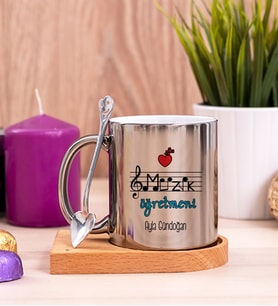 Müzik Öğretmeni Ahşap Altlıklı Silver Kupa Bardak