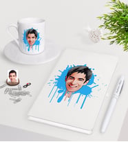 BK Gift Kişiye Özel Erkek Karikatürlü Beyaz Defter Kalem Türk Kahvesi Fincanı Seti-31 (Model 1)