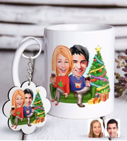 BK Gift Kişiye Özel Yeni Yıl Sevgililer Karikatürlü Beyaz Kupa ve Anahtarlık Hediye Seti-4 (Model 1)