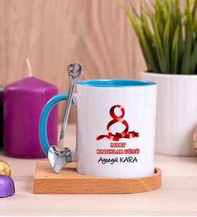 Kadınlar Günü Hediyesi  Ahşap Altlıklı Mavi Kupa Bardak