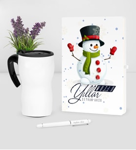 BK Gift Kişiye Özel Yılbaşı Mutlu Yıllar Temalı Beyaz Defter Kalem Termos Mug Seti - 16